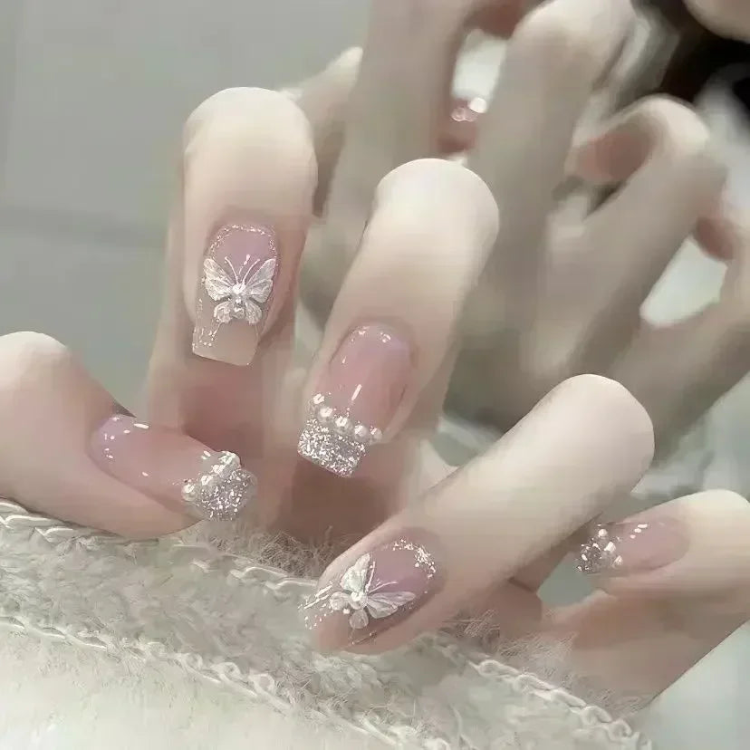 Short Press-On Nails - French Tip, Bow & Glitter Designs, 24 Pieces