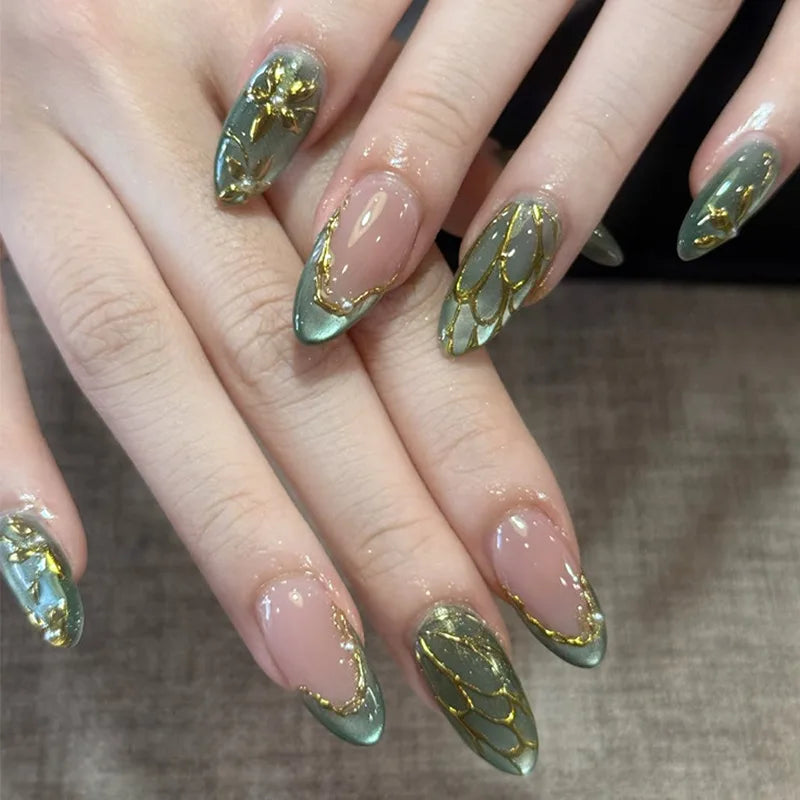 Medium Almond Cat Eye Press-On Nails - Glitter & Gold-Tone Designs, 24 Pieces