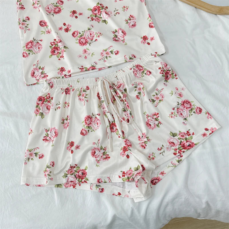 Cherry Print Ice Silk Pajama Set — Sleeveless Cami Top & Shorts