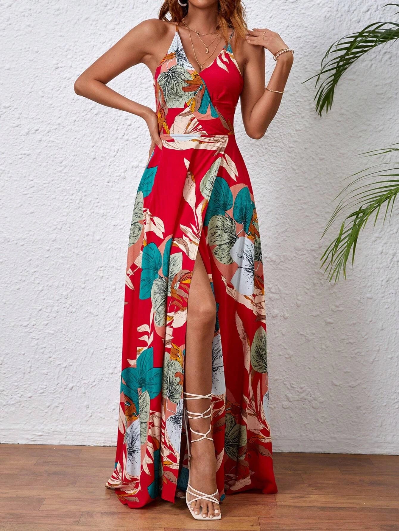 Tropical Print Thigh-High Slit Backless Spaghetti Strap Dress 1056