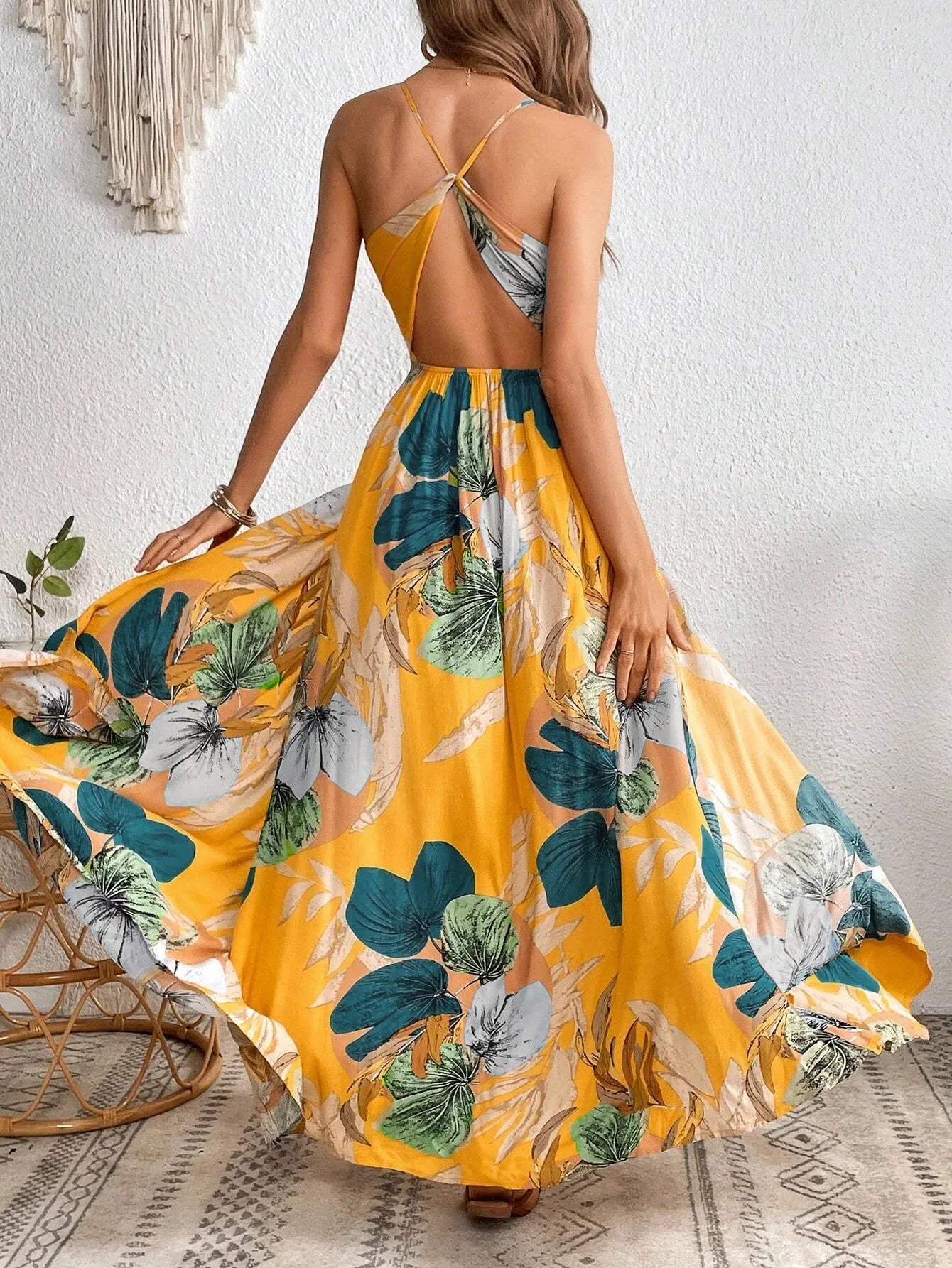 Tropical Print Thigh-High Slit Backless Spaghetti Strap Dress 1056