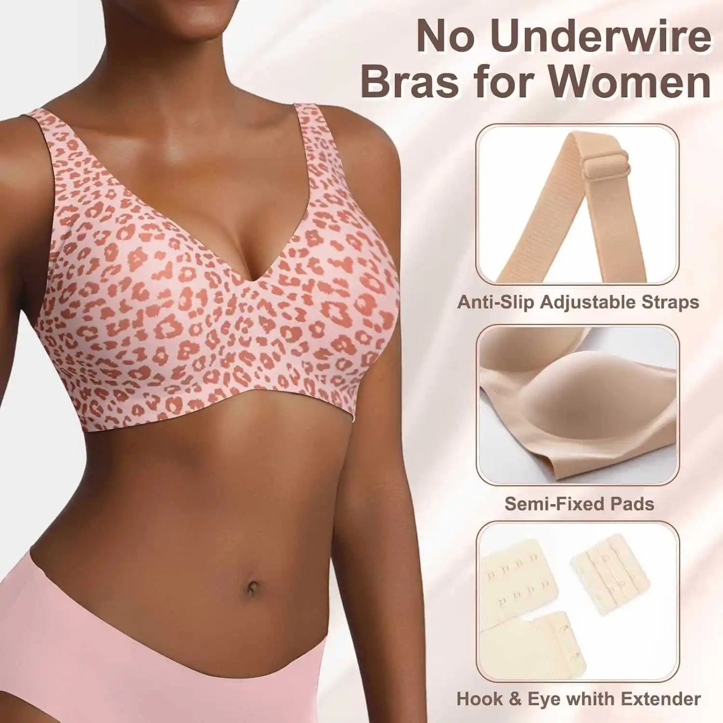 Women's Seamless Leopard Print Bra – Wire-Free Full Cup Push-Up | Breathable Everyday Bra