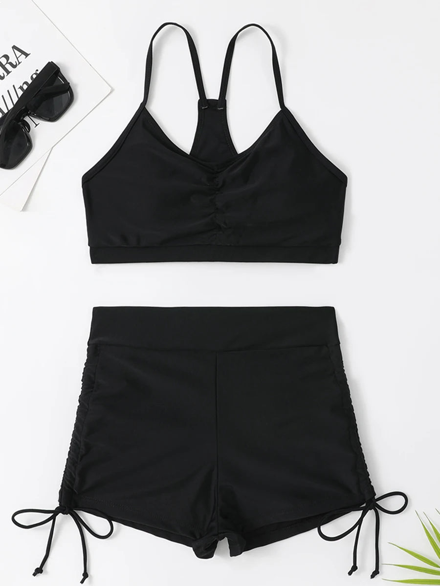 High Waist Shorts Bikini Set — Drawstring Top & Swim Shorts | Women's Swimwear