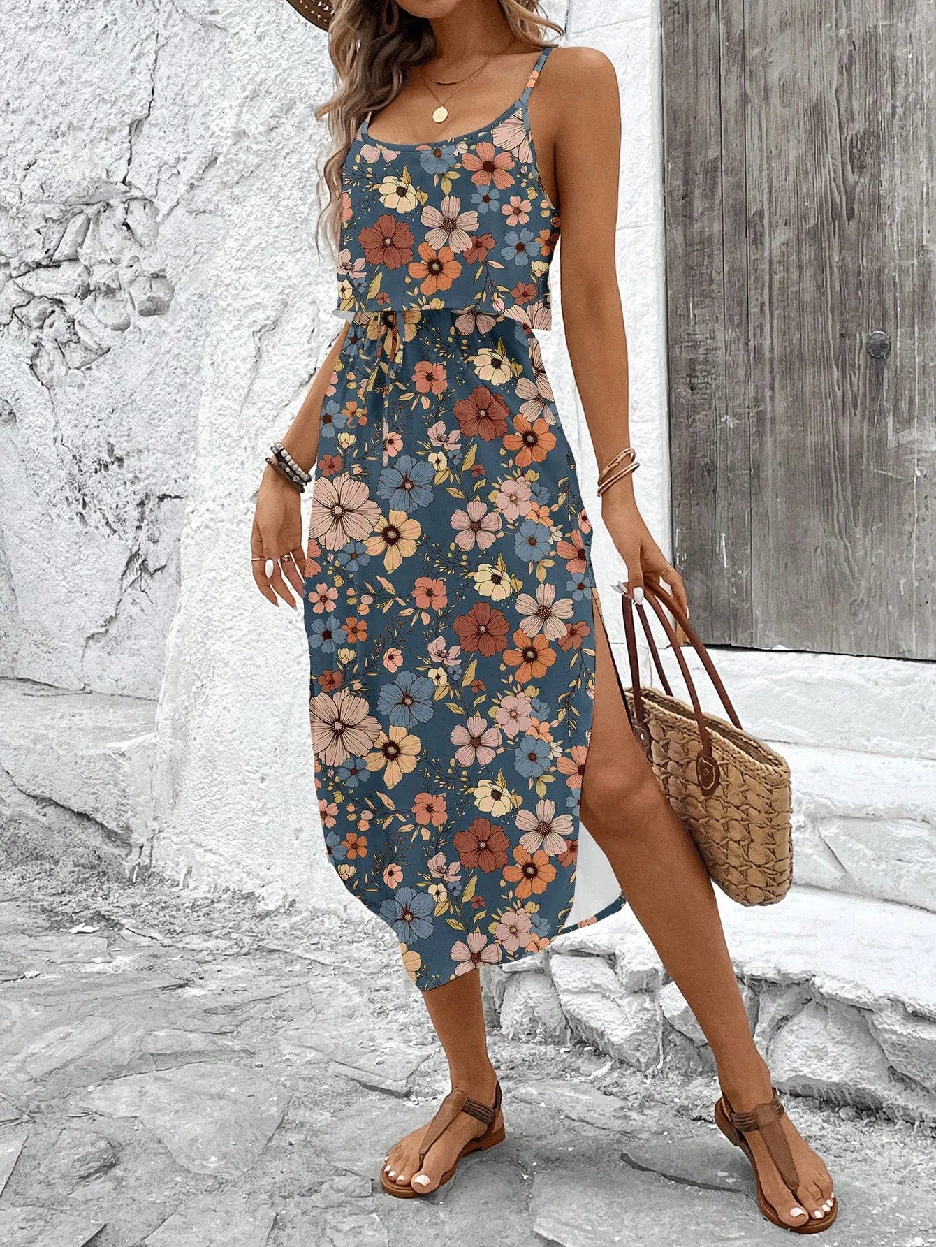 Women's Summer Spaghetti Strap Dress with Belt & Side Slit - Casual Sleeveless Flowy Dress