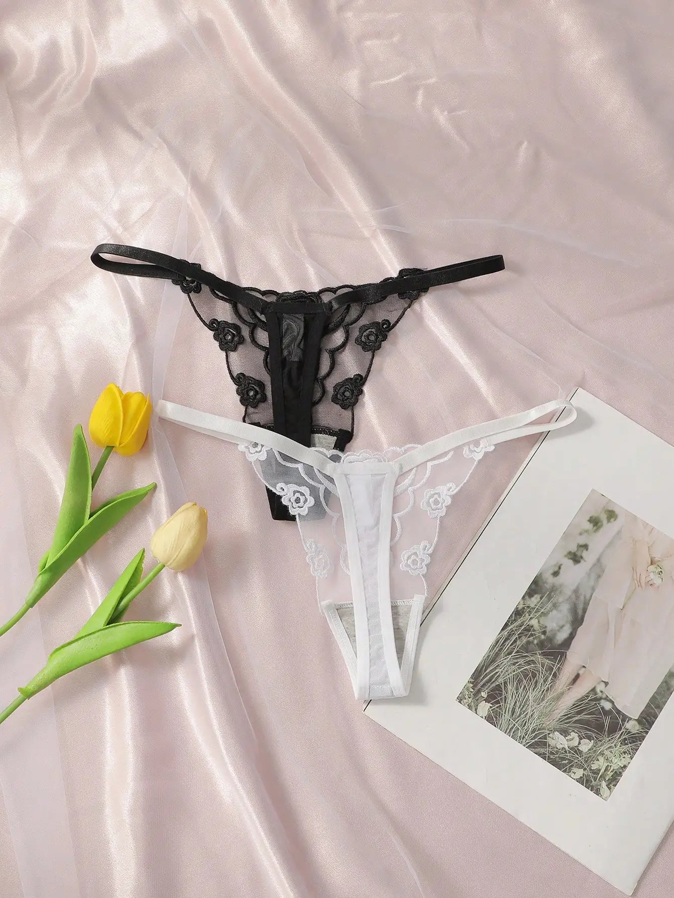 2-Pack Embroidered Rose Thong Set — Sheer Mesh G-String | Women's Sexy Lingerie