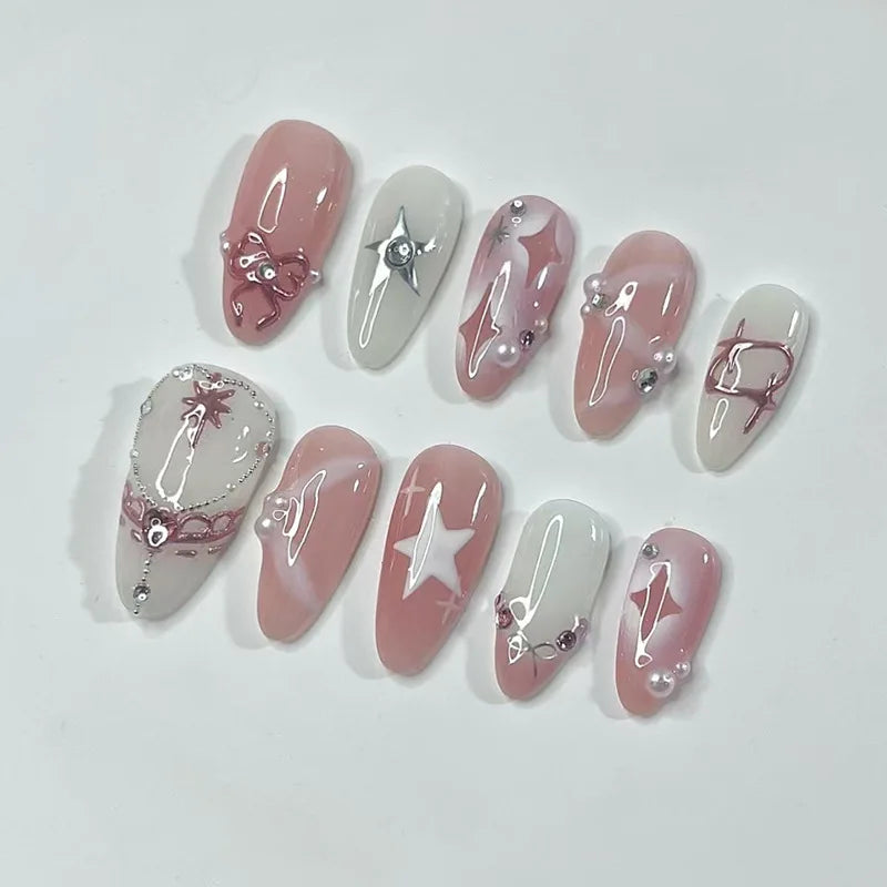 Pink Floral Press-On Nails – Almond Flower Designs, 24 Pieces