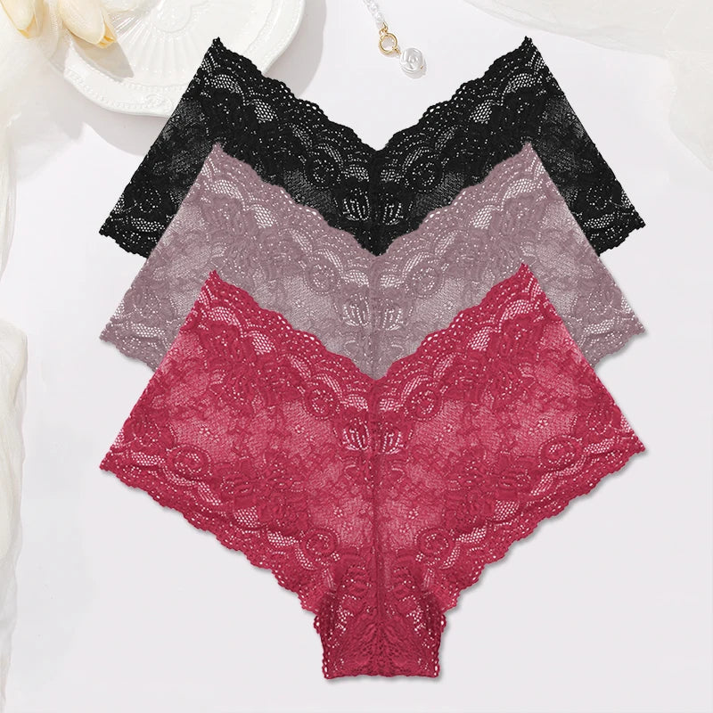 3-Pack Floral Lace Boyshort Panties – Low-Rise Ultra-Thin Underwear for Women (S–XL, 10 Color Sets)