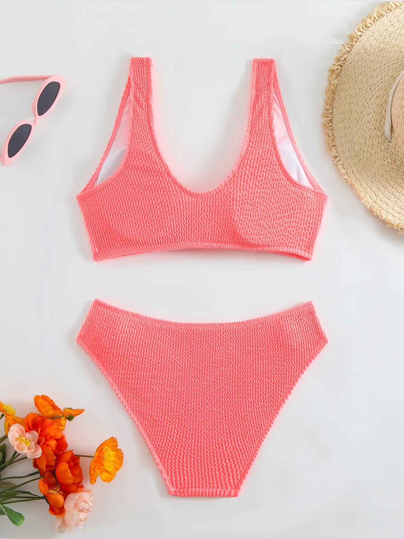 Solid Color High Waist Bikini Set — V-Neck Textured Top & Cheeky Bottoms | Women's Swimwear