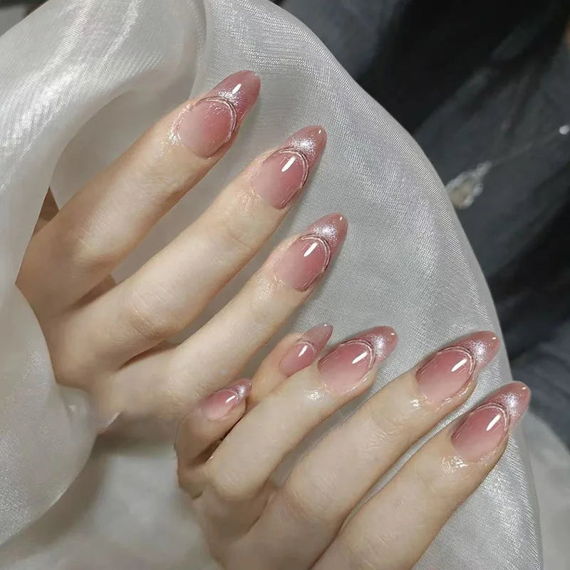 Almond Press-On Nails - French Tip & Gradient Designs, 24-Piece Set