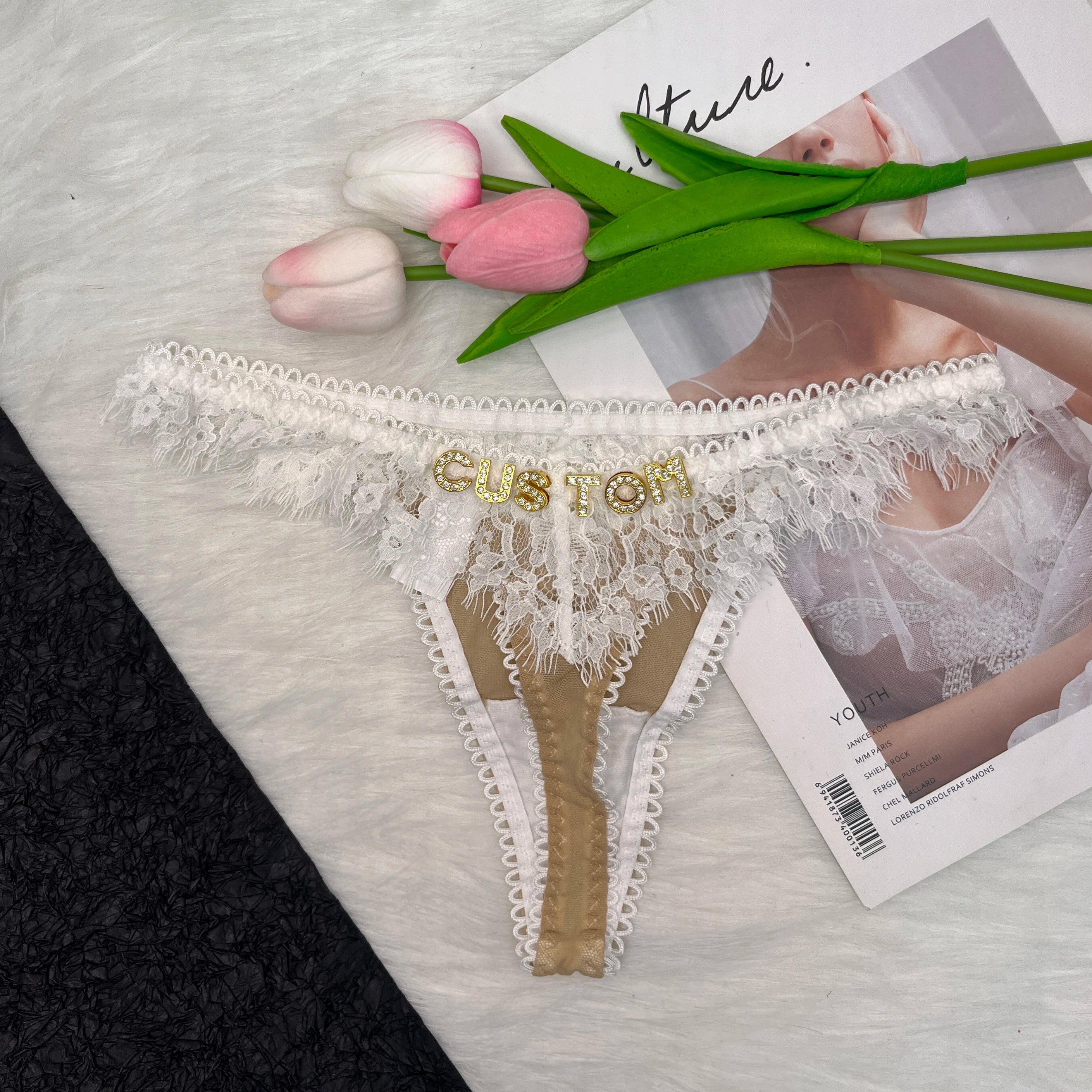 Swan Design Crystal Letter G-String Thong | Custom Name Lace Panties | Personalized Intimate Gift