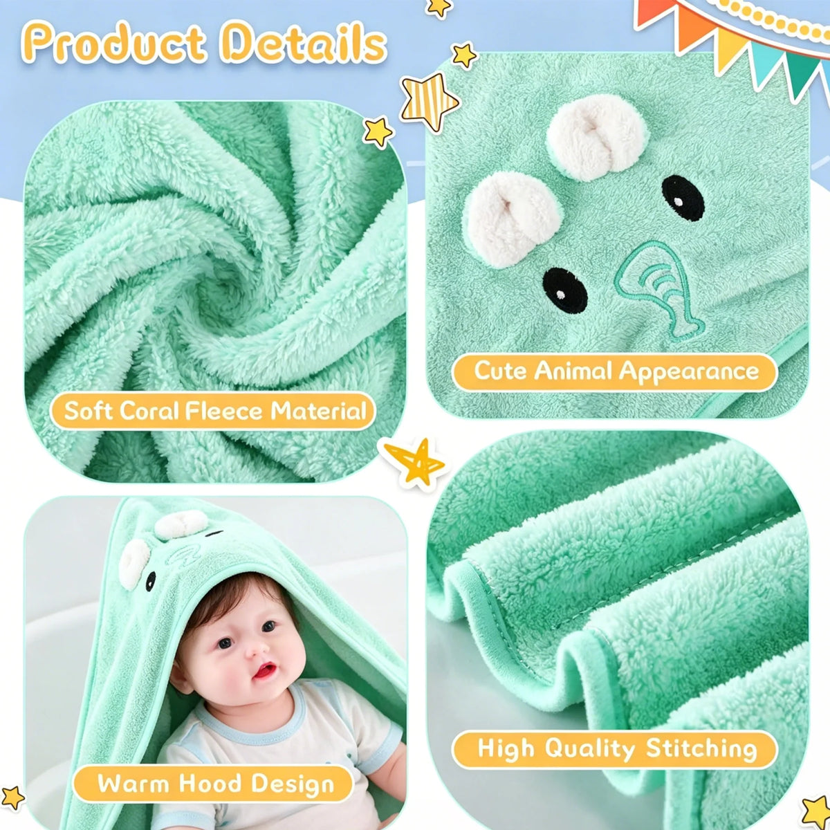 Cute Animal Baby Bath Towel – Soft, Absorbent Hooded Wrap for Newborns & Toddlers (80x80cm)