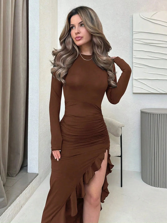Ruffle Hem Asymmetric High Slit Bodycon Dress – Long Sleeve Round Neck | Sexy Elegant Style