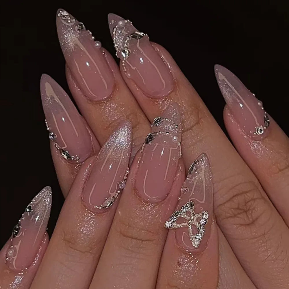 Long Coffin Press-On Nails with Glue – Nude, Pink & Color Designs, 24 Pieces