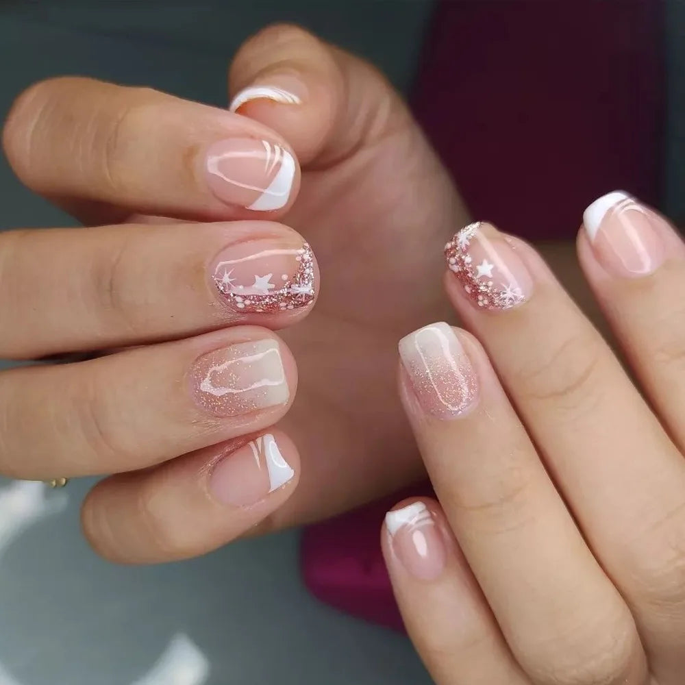 Short Square Press-On Nails - Purple Floral & Gradient French, 24 Pieces