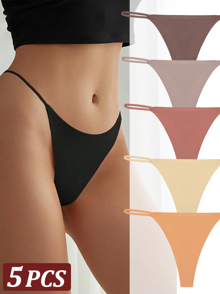 5-Pack Seamless Thong Underwear – Low-Rise Ice Silk G-String Panties for Women (XS–XL, 24 Color Sets)