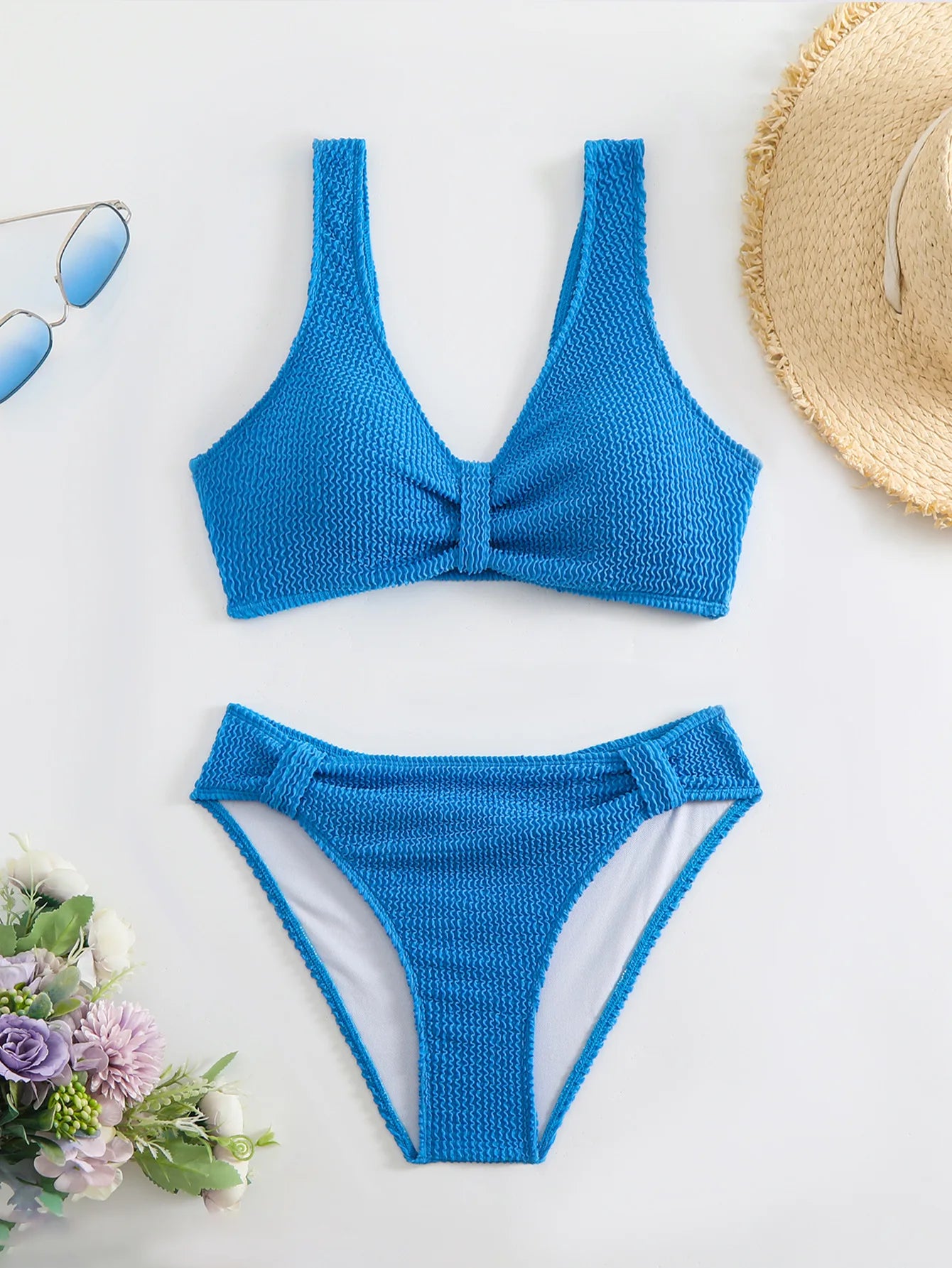 Solid Color High Waist Bikini Set — V-Neck Textured Top & Cheeky Bottoms | Women's Swimwear