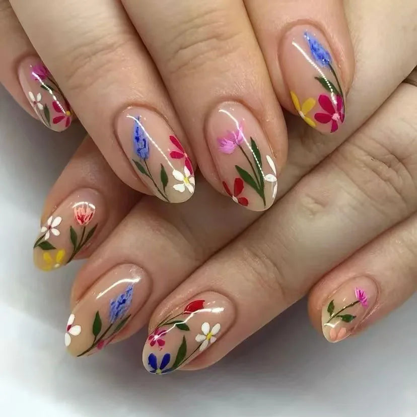 Pink Floral Press-On Nails – Almond Flower Designs, 24 Pieces