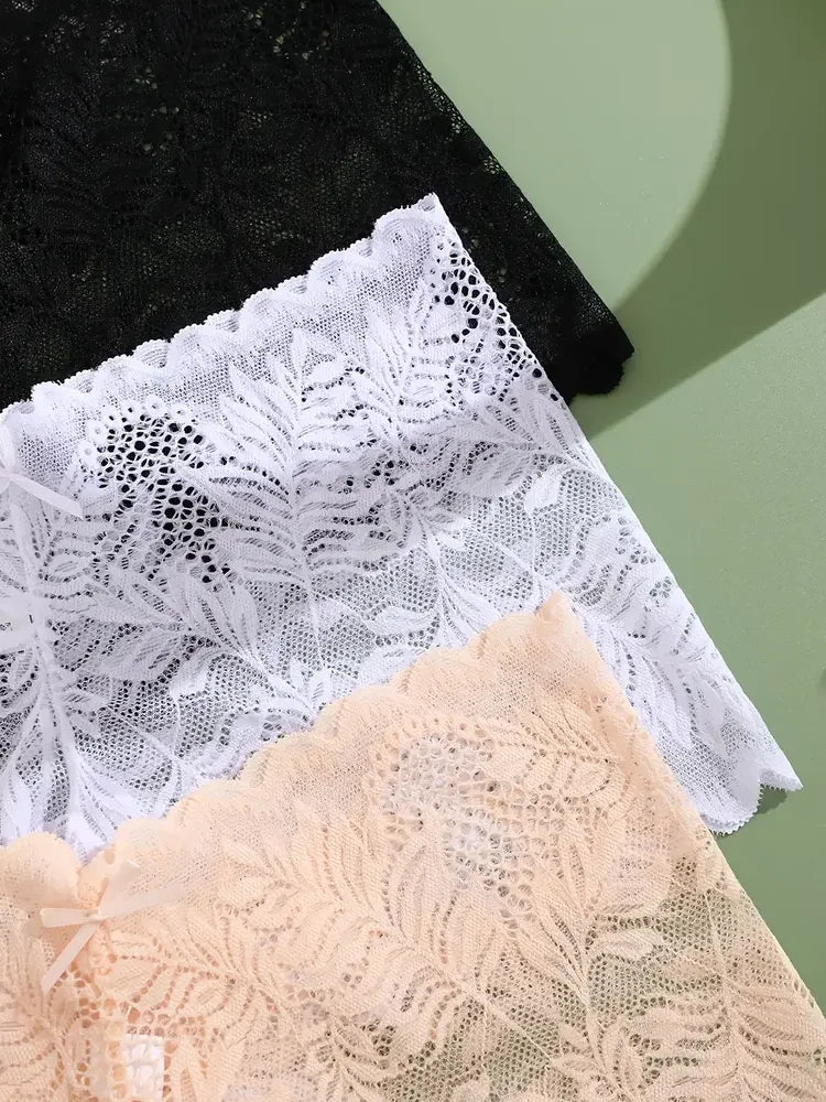 3-Pack Ice Silk Lace Boyshort Briefs – Seamless Low-Rise Underwear for Women (S–XL, 6 Color Sets)