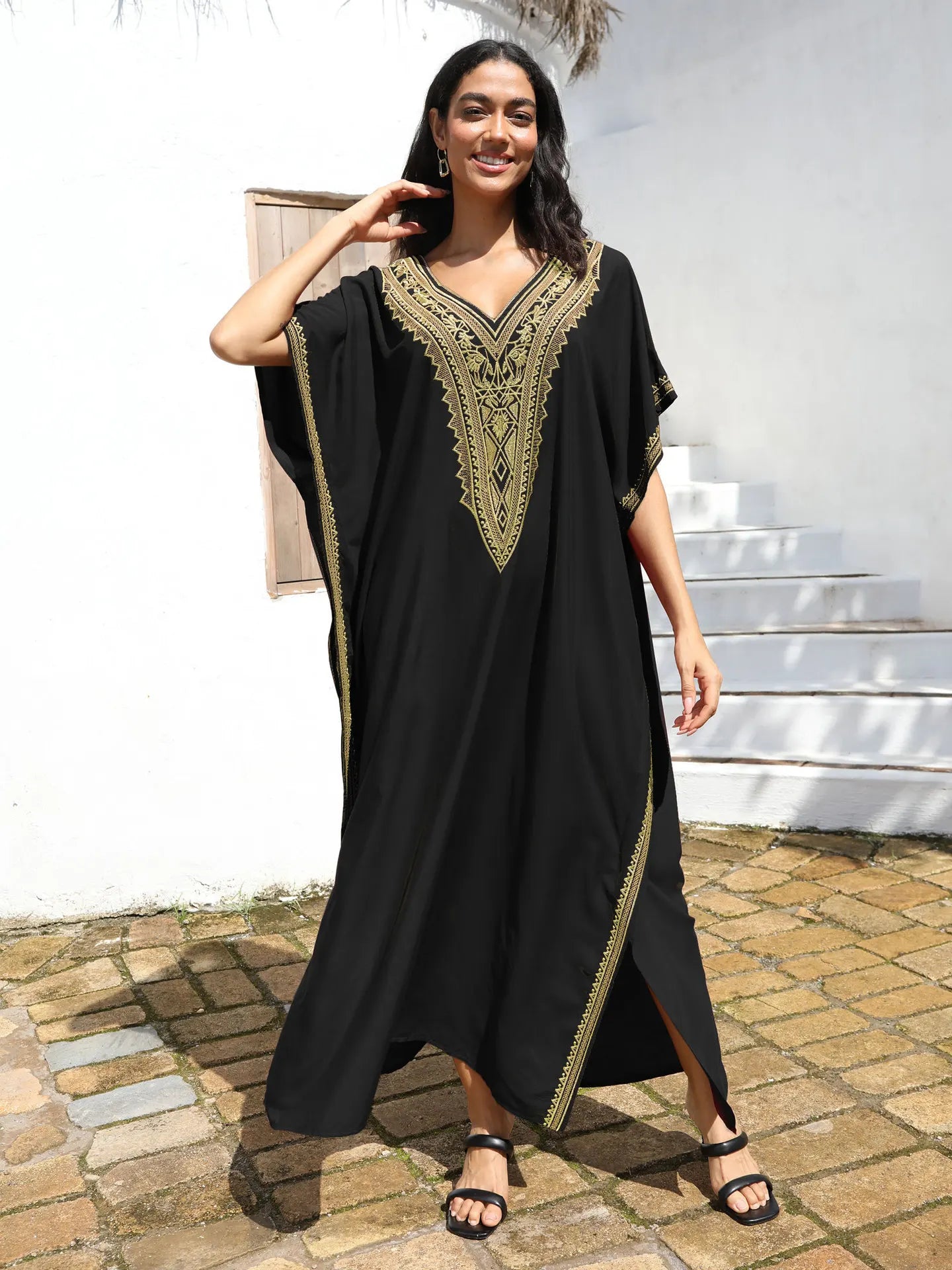Embroidery Beach Cover-Up Kaftan — Loose V-Neck Long Robe | Women's Swimsuit Cover-Up