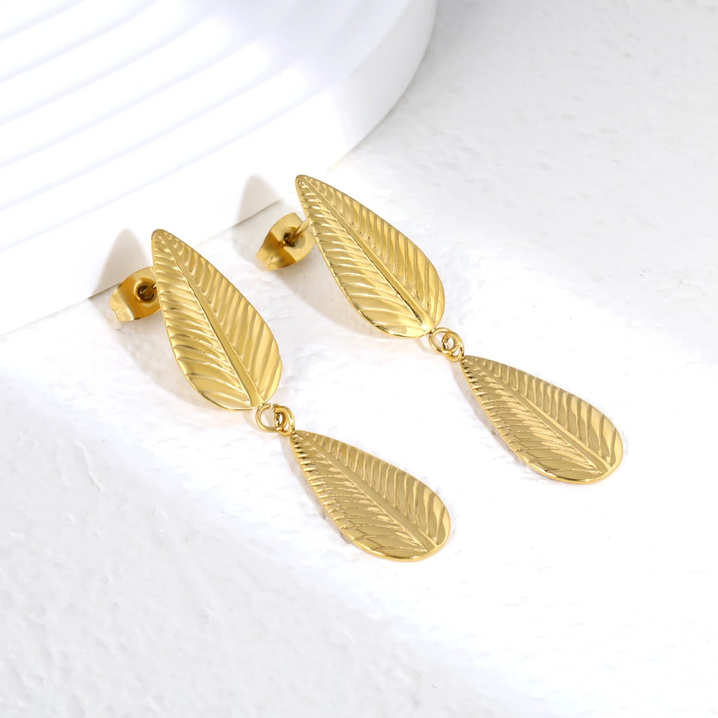Leaf Drop Earrings – 18K Gold-Plated Textured Plant Leaf Dangle Earrings for Women