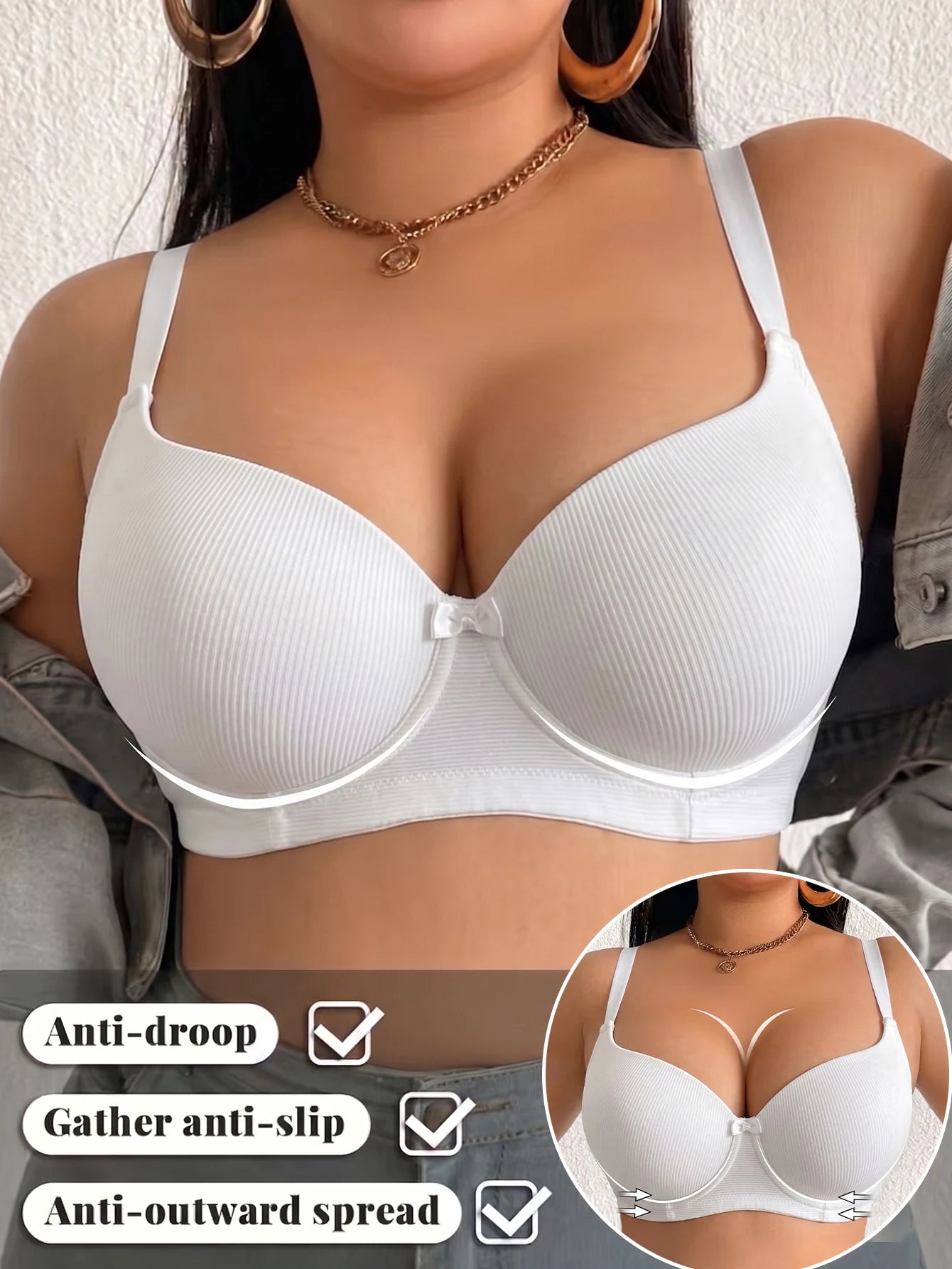 Plus Size Ribbed Push-Up Bra — Wide Strap Underwire Side Gather | Women's Bra