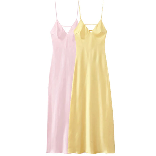 Satin Slip Dress – V-Neck Backless Sleeveless Midi