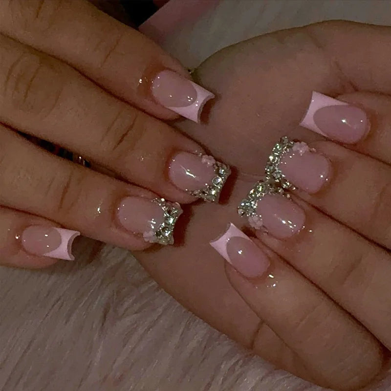 Medium Square Press-On Nails with Adhesive - Blush Pink Floral & French, 24 Pieces