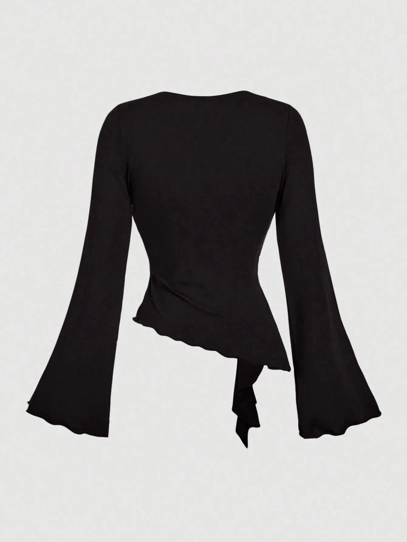 Women's Solid Color Cross Wrap Flare Sleeve Cinched Waist Asymmetrical Hem Ruffle T-Shirta
