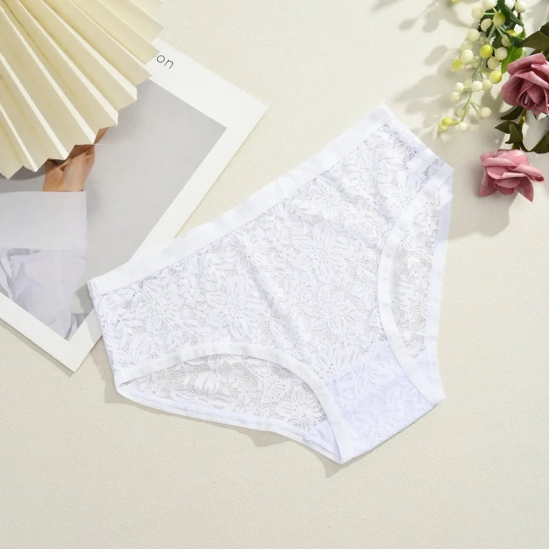 Seamless Floral Lace Brief Panties – Hollow-Out See-Through Underwear for Women (S–2XL, 6 Colors)
