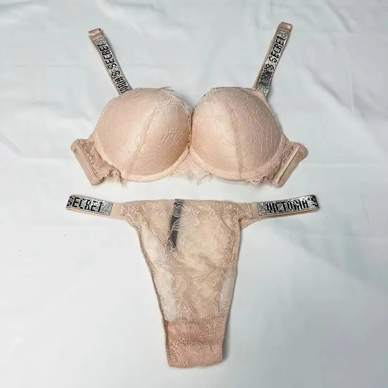 Women's Gathered Lace Push-Up Bra & Panty Set – Padded Shapewear Lingerie