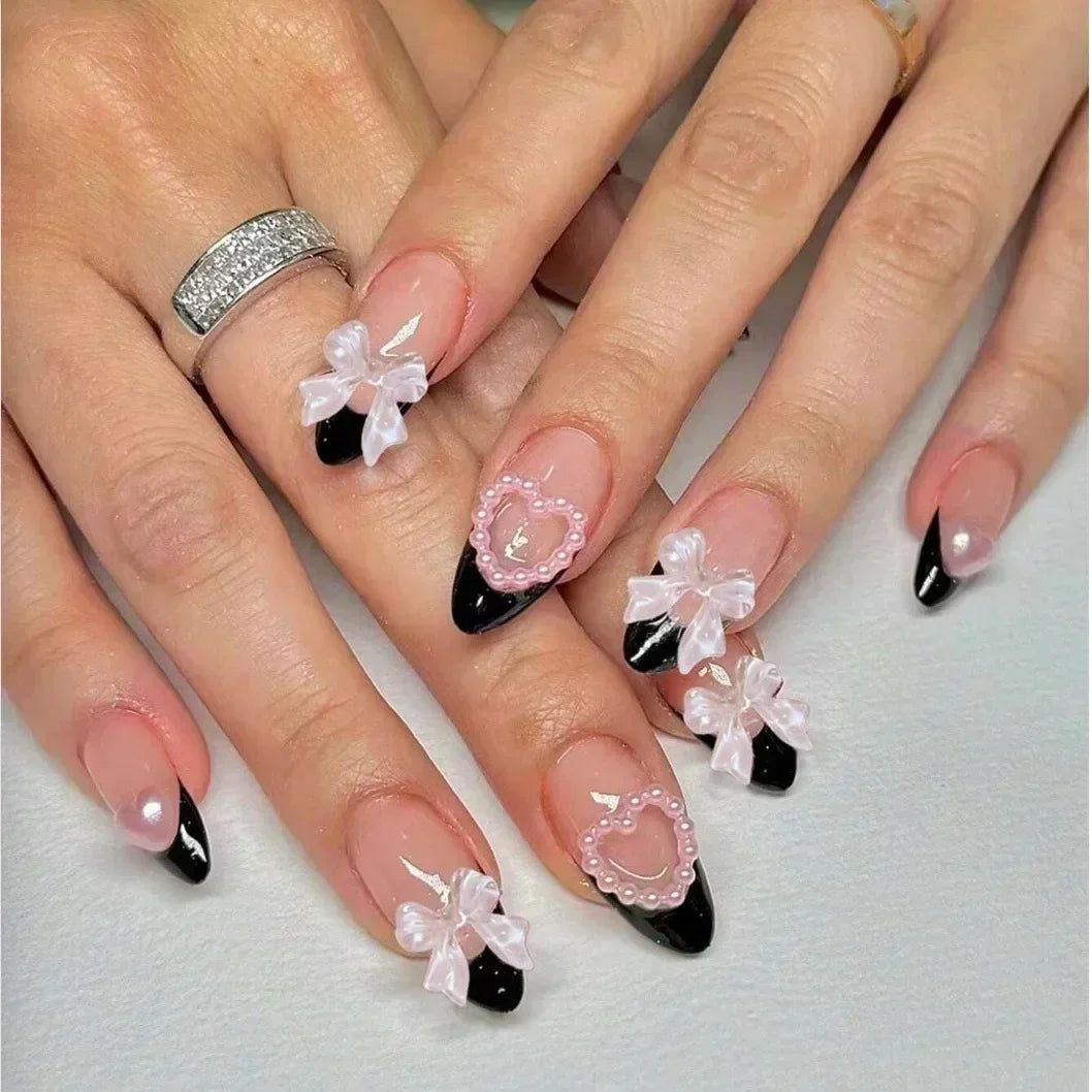 French Almond Press-On Nails – Leopard Print & 3D Bow Designs, 24 Pieces