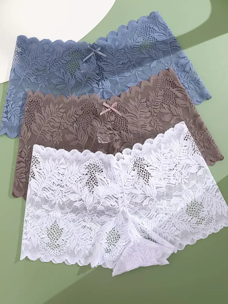 3-Pack Ice Silk Lace Boyshort Briefs – Seamless Low-Rise Underwear for Women (S–XL, 6 Color Sets)