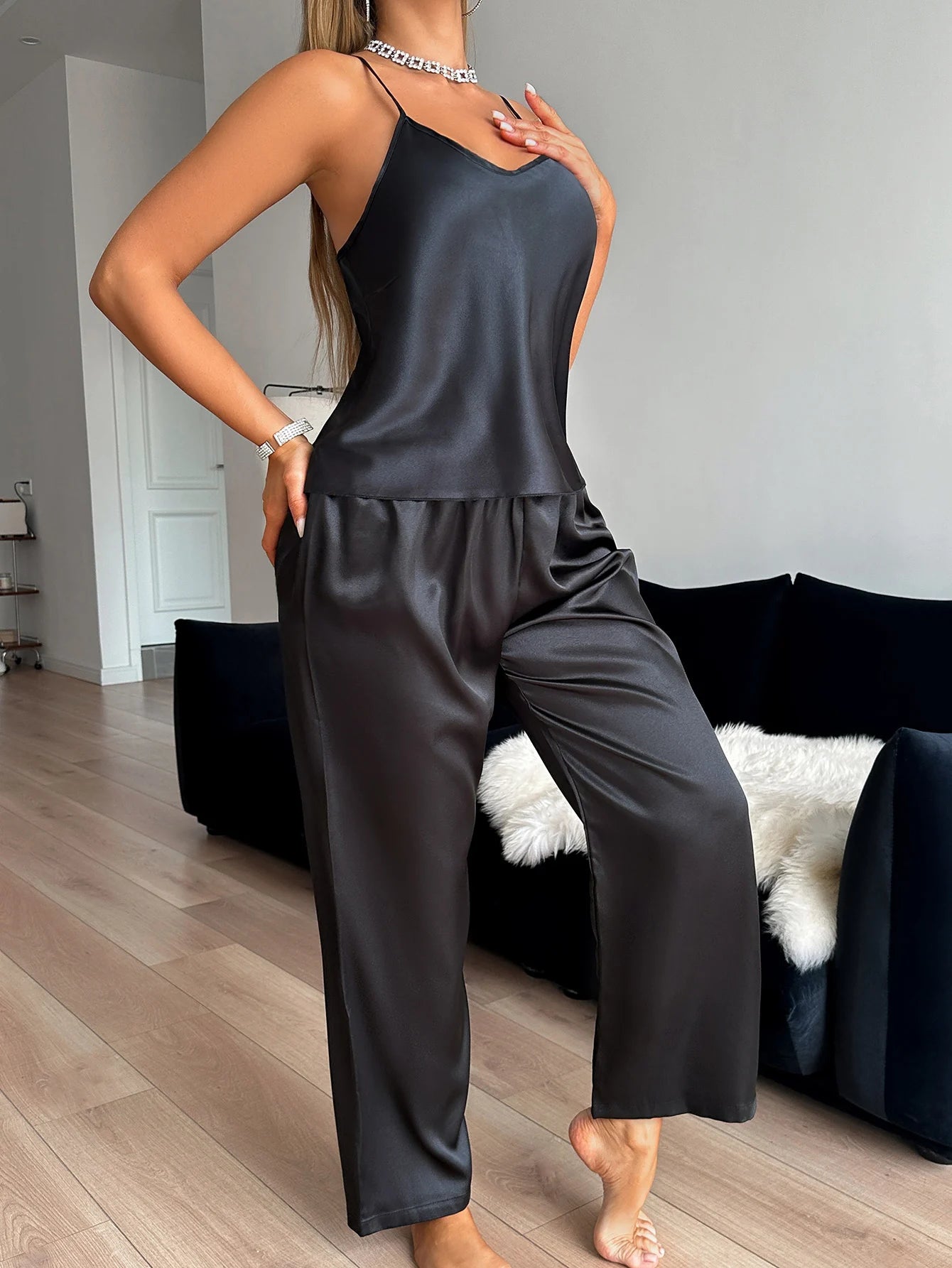 Satin Cami & Wide-Leg Pants Pajama Set — V-Neck Sleeveless | Women's 2-Piece Sleepwear