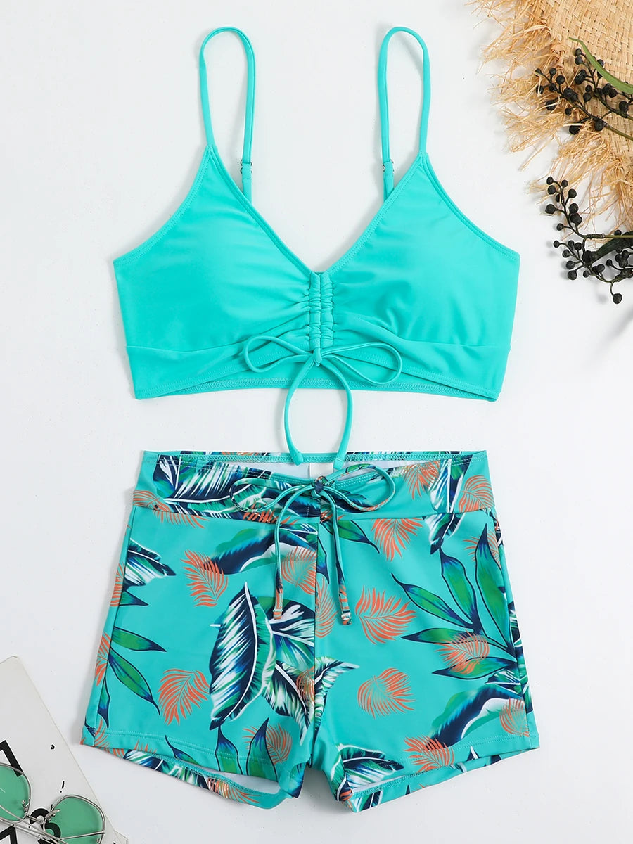 High Waist Shorts Bikini Set — Drawstring Top & Swim Shorts | Women's Swimwear