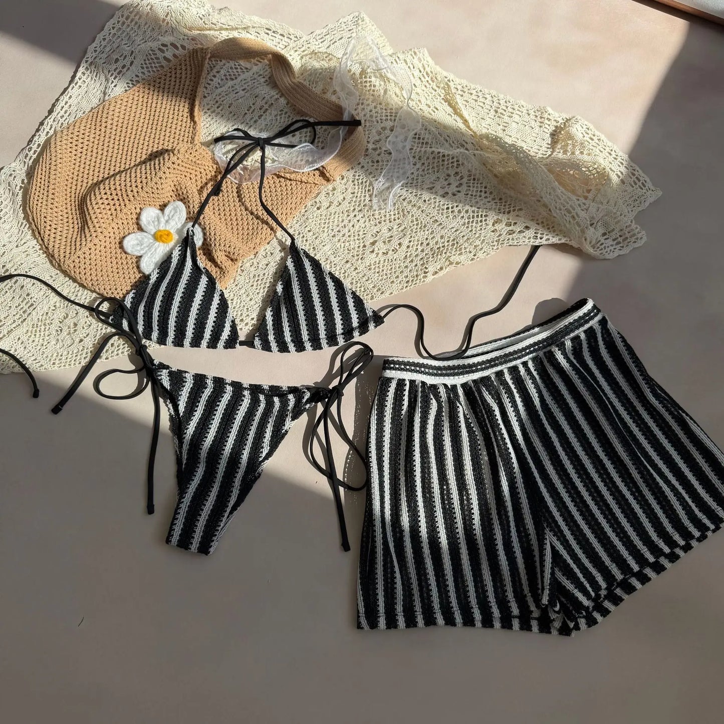 Striped Halter Triangle Bikini Set — 3-Piece with Mini Skirt Cover-Up | Women's Swimwear