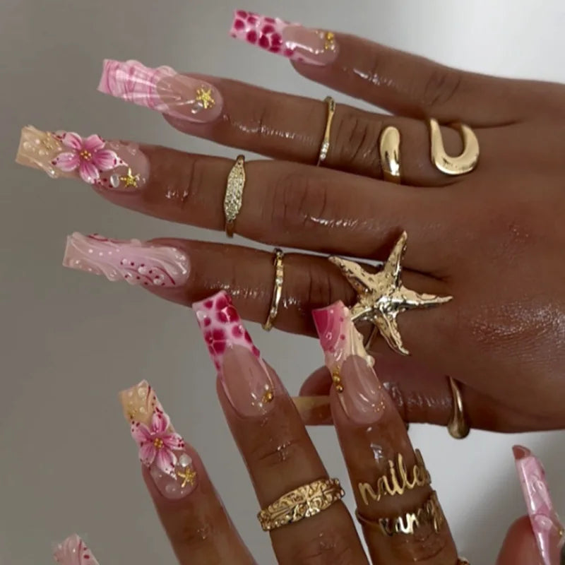 Medium Square Press-On Nails with Adhesive - Blush Pink Floral & French, 24 Pieces