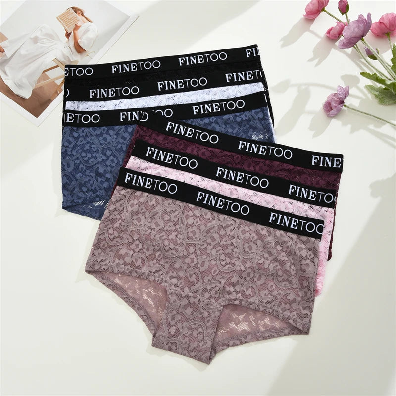 FINETOO 3Pcs Lace Hollow Out Boyshorts Underwear Women's Elastic Belt Panties Sexy Transparent Floral Briefs Breathable Lingerie