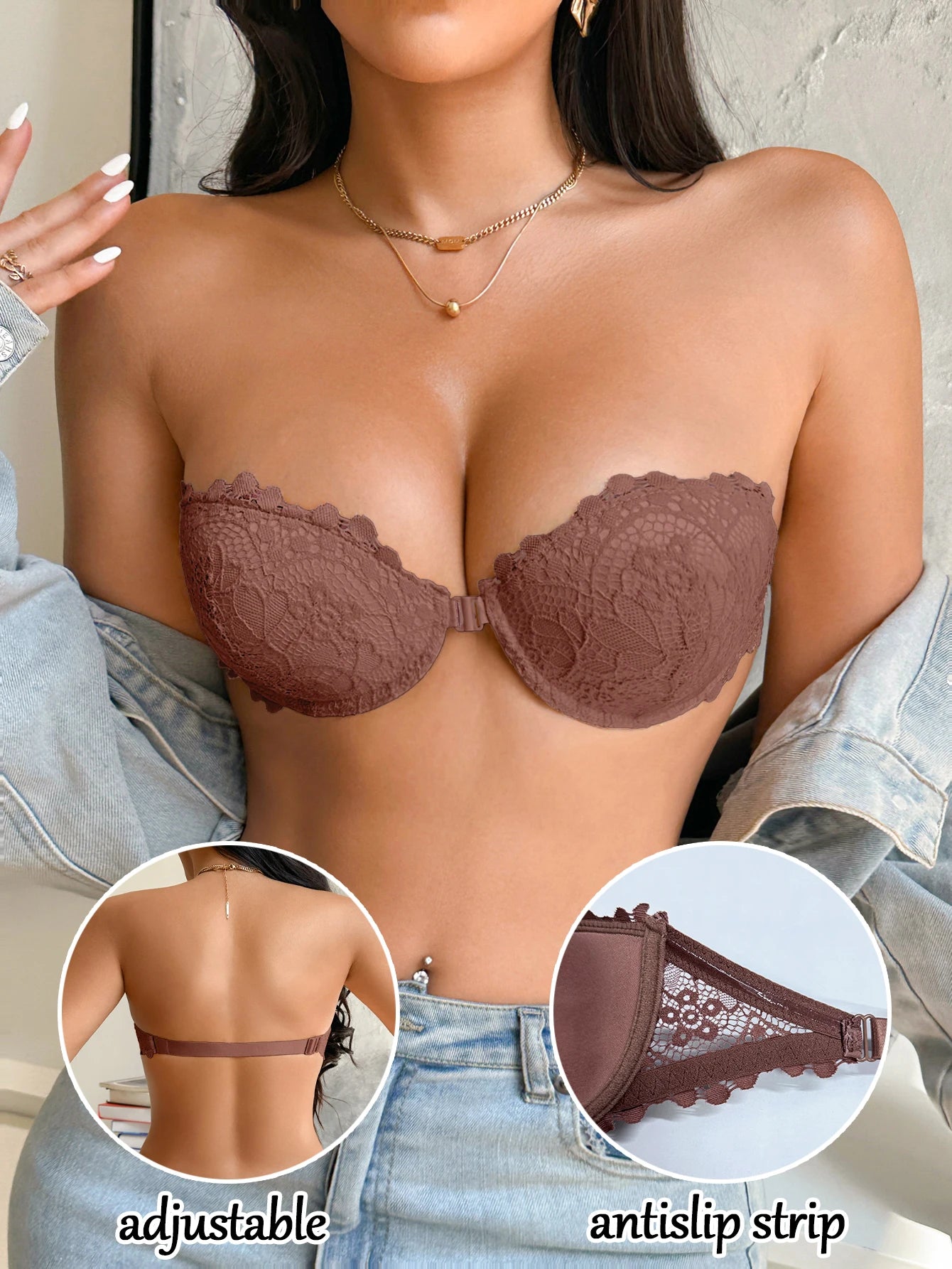 Lace Half-Cup Strapless Push-Up Bra — Front Clasp Non-Slip | Women's Lingerie