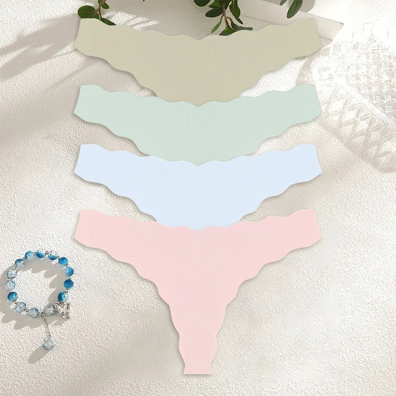 4Pcs Women Seamless Panties Wavy Design Ultra-thin Thongs Women Ice Silk Underwear Sexy Panty Low Waist G-string Female Solid