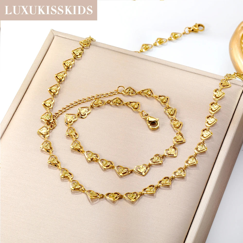LUXUKISSKIDS Fashion Cubic Love Heart Minimalist Jewelry Set Necklace Earrings Bracelets Stainless Steel Women Party Accessories