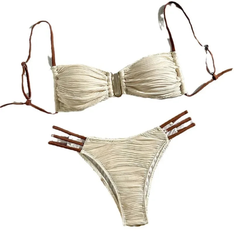 Ruched Bandeau Bikini Set — Brazilian Cut with Metal Detail | Women's Swimwear