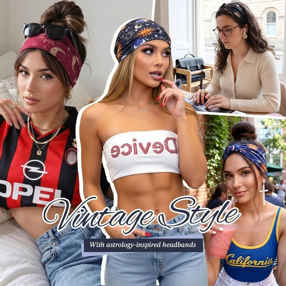 4 Pcs Wide Headbands for Women Non Slip Knotted Headhand Bandana Star Moon Head Bands Hair Wrap Yoga Workout Hair Accessories