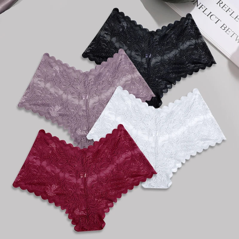 4-Pack All-Over Floral Lace Boyshorts — Hollow-Out Scalloped Low-Rise Panties