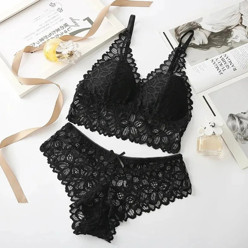 Floral Embroidery Lace Bra & Panty Set — Wire-Free Padded Bralette | Women's Lingerie