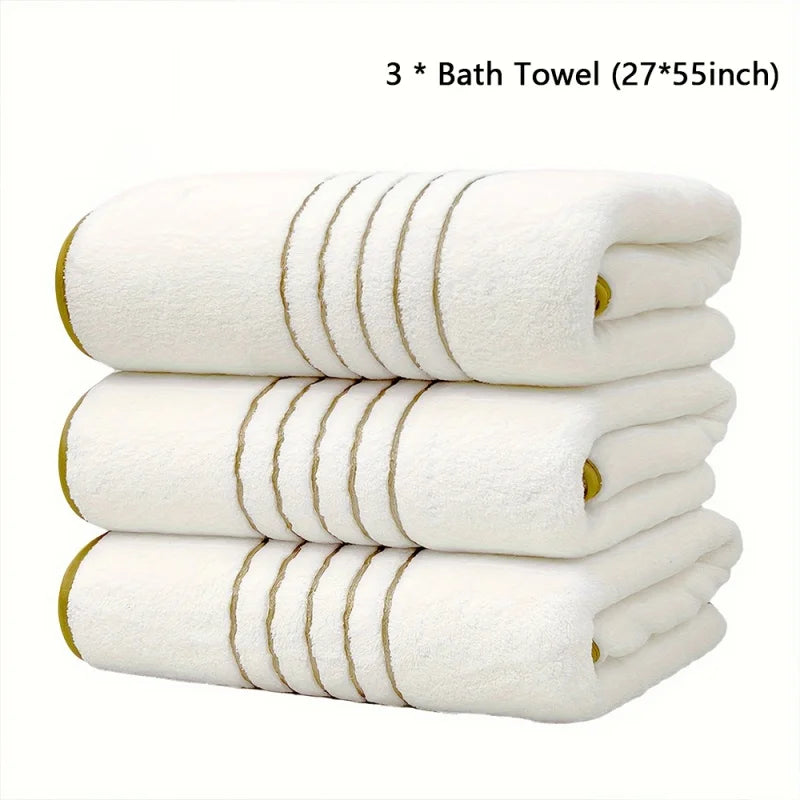 Golden Striped Coral Fleece Bath Towel Set – Ultra-Soft, Quick-Dry, Machine Washable (2, 3, 6 or 8 Pcs)