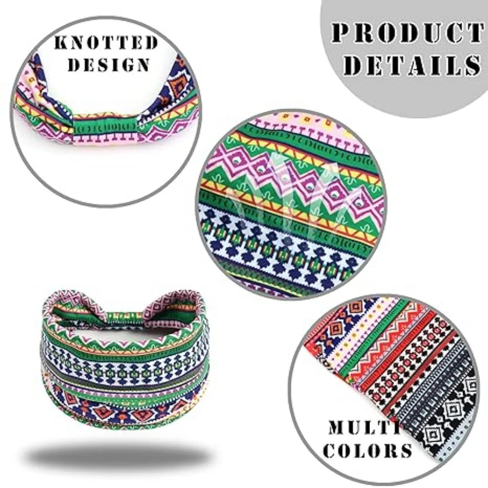 4 Pcs Boho Headbands Stretch Paisley Print Bandana Headband Criss Cross Hair Bands Knotted Head Wrap Yoga Daily for Women and Girls (Teal Ethnic)