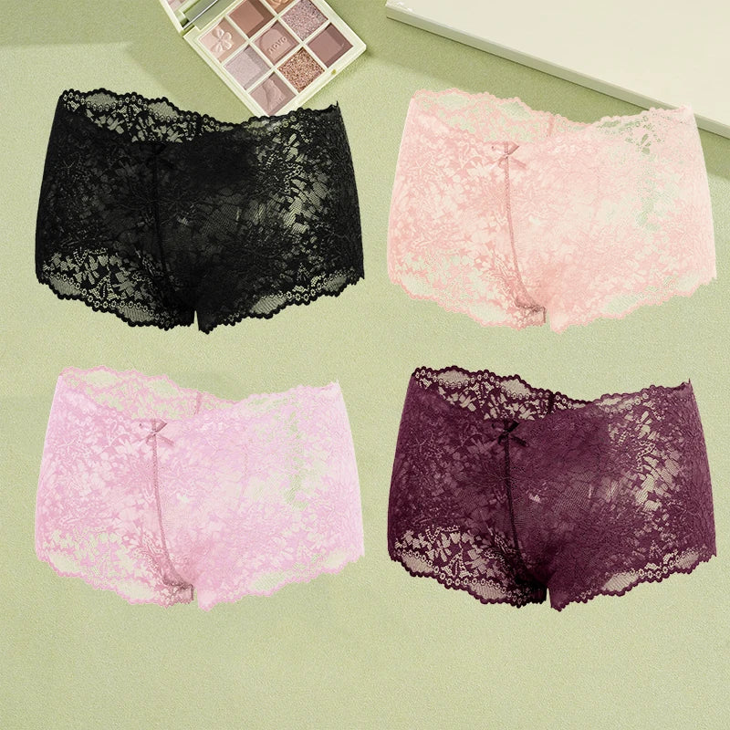 4-Pack Hollow Lace Boyshort Panties – Low-Rise Breathable Underwear for Women (S–2XL, 13 Color Sets)