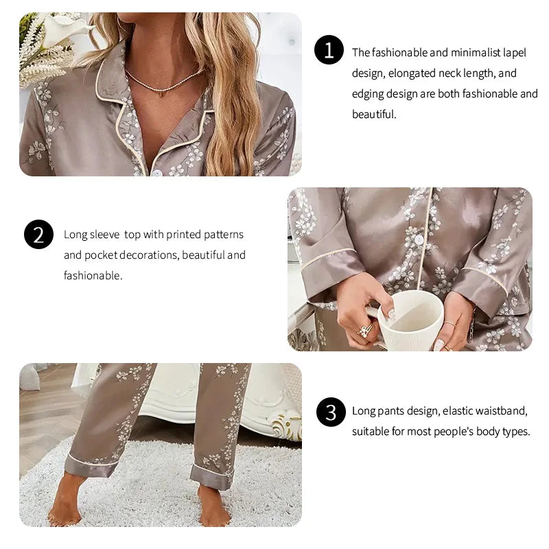 Satin Floral Pajama Set — Long Sleeve Button-Up Top & Pants
