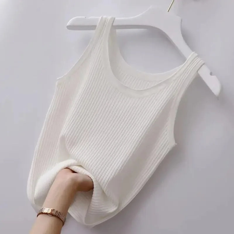 Knit Cotton Camisole Tank Top – Round Neck Sleeveless Crop Top for Women (M–5XL, 6 Colors)