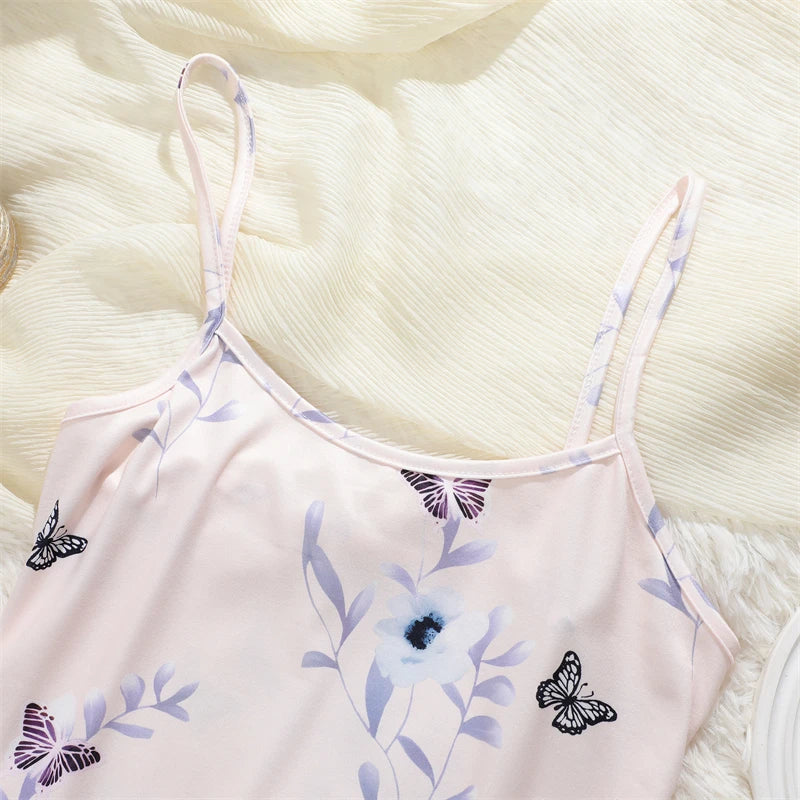 Butterfly Print Satin Sleep Dress — Spaghetti Strap Mini Nightgown
